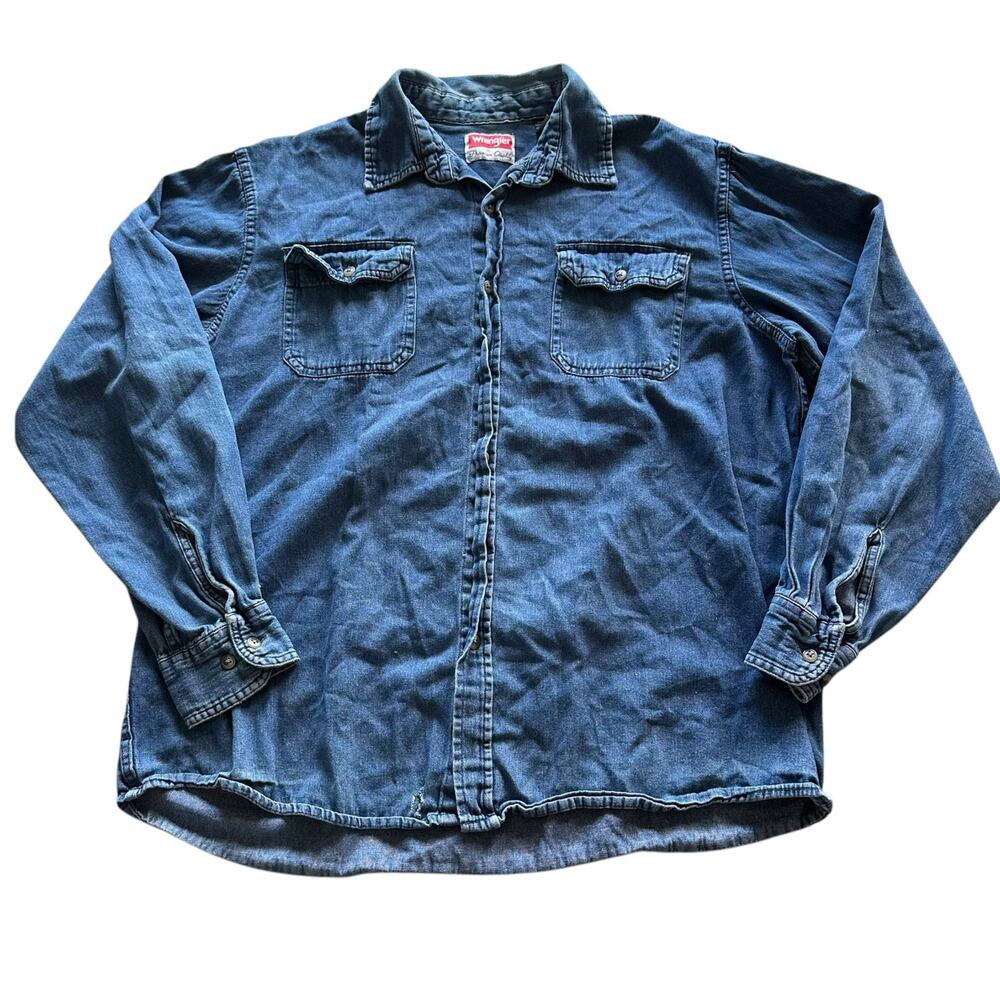 Wrangler Shirt Mens Size Large Blue Denim Western Workwear Cowboy Farm Outdoor
